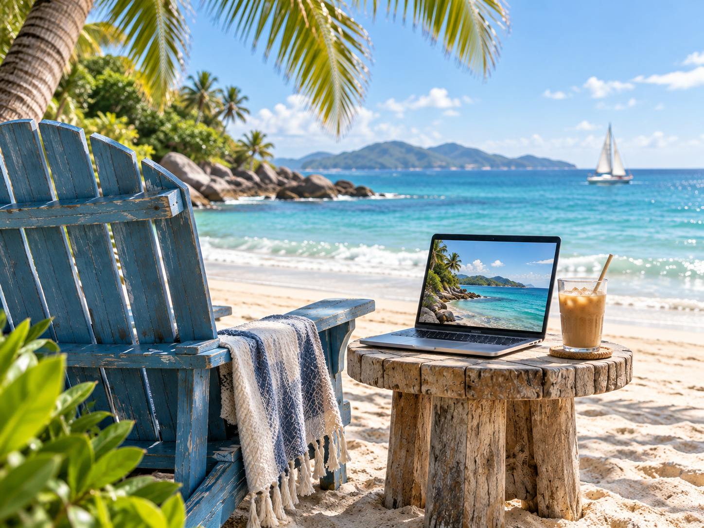 A laptop and iced coffee beside a weathered blue chair on a tropical beach